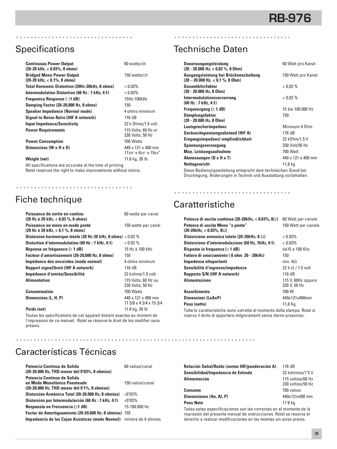 Rotel RB-976 owner manual Specifications, Fiche technique, Características Técnicas, Technische Daten, Caratteristiche 