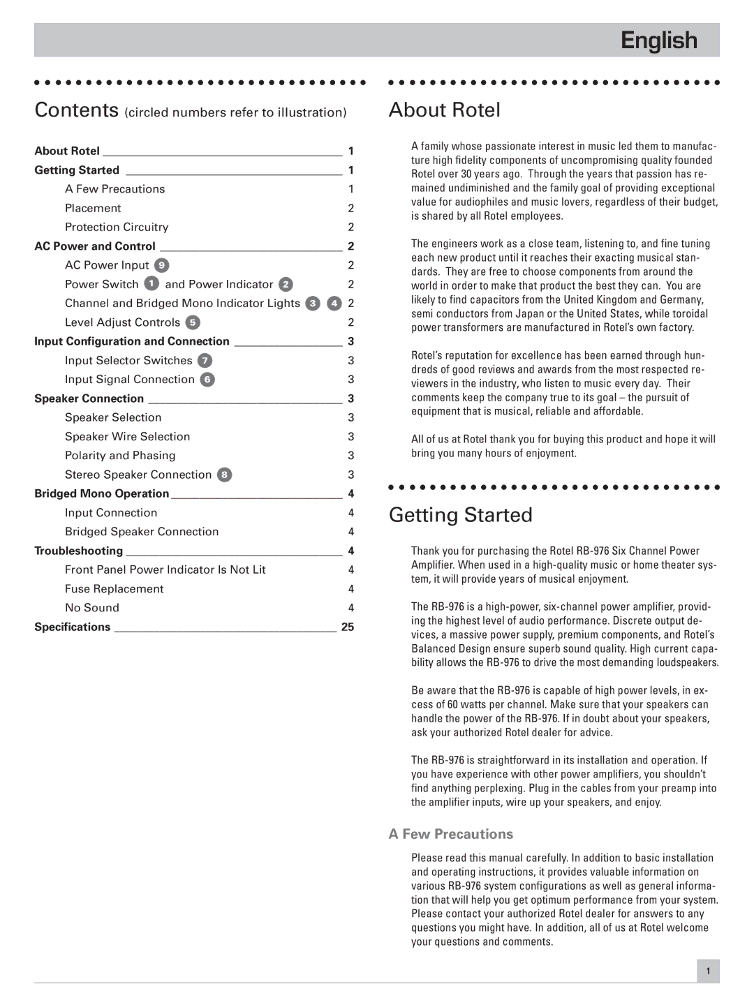 Rotel RB-976 owner manual English, About Rotel, Getting Started, Few Precautions 