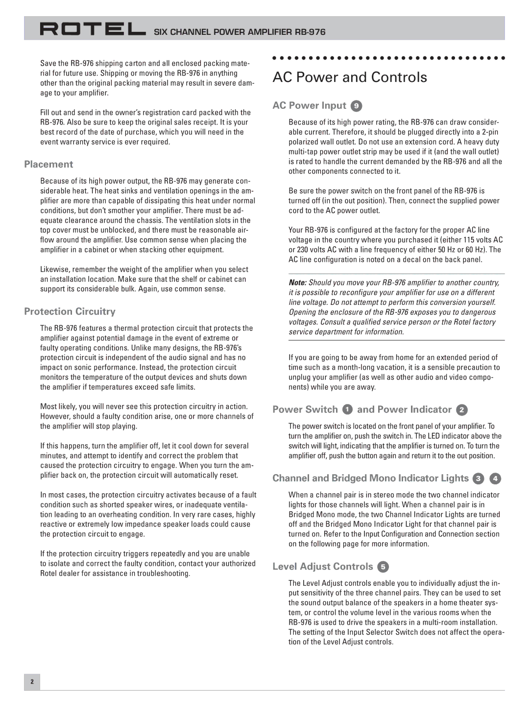 Rotel RB-976 owner manual AC Power and Controls 