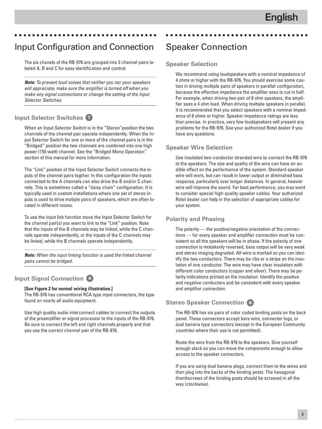 Rotel RB-976 owner manual Input Configuration and Connection, Speaker Connection 
