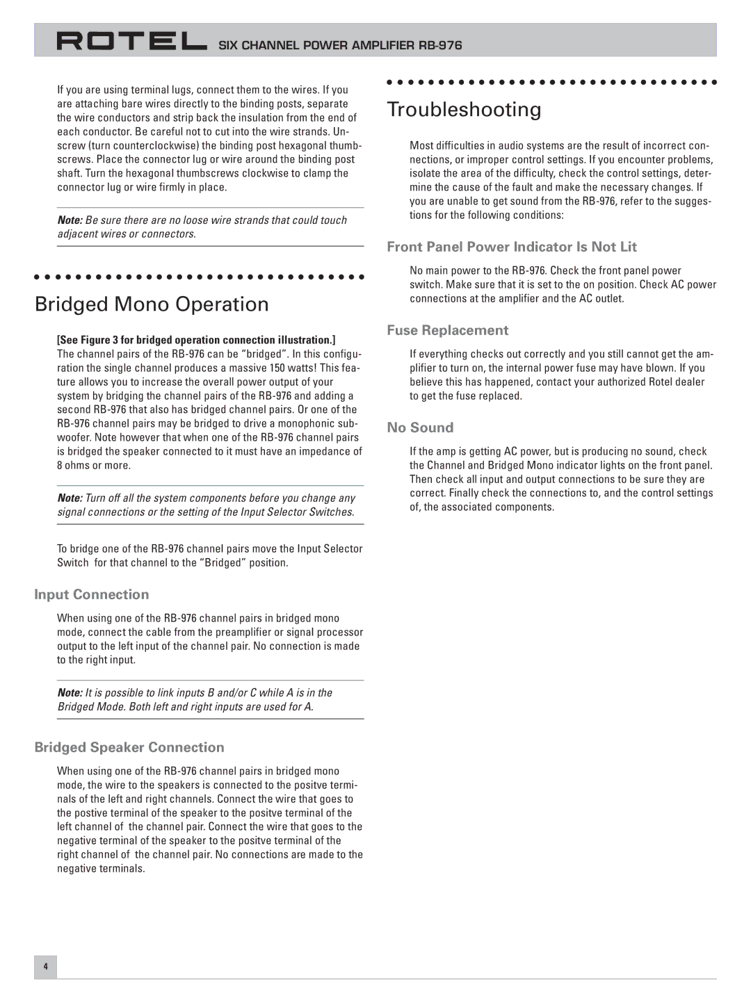 Rotel RB-976 owner manual Troubleshooting, Bridged Mono Operation 