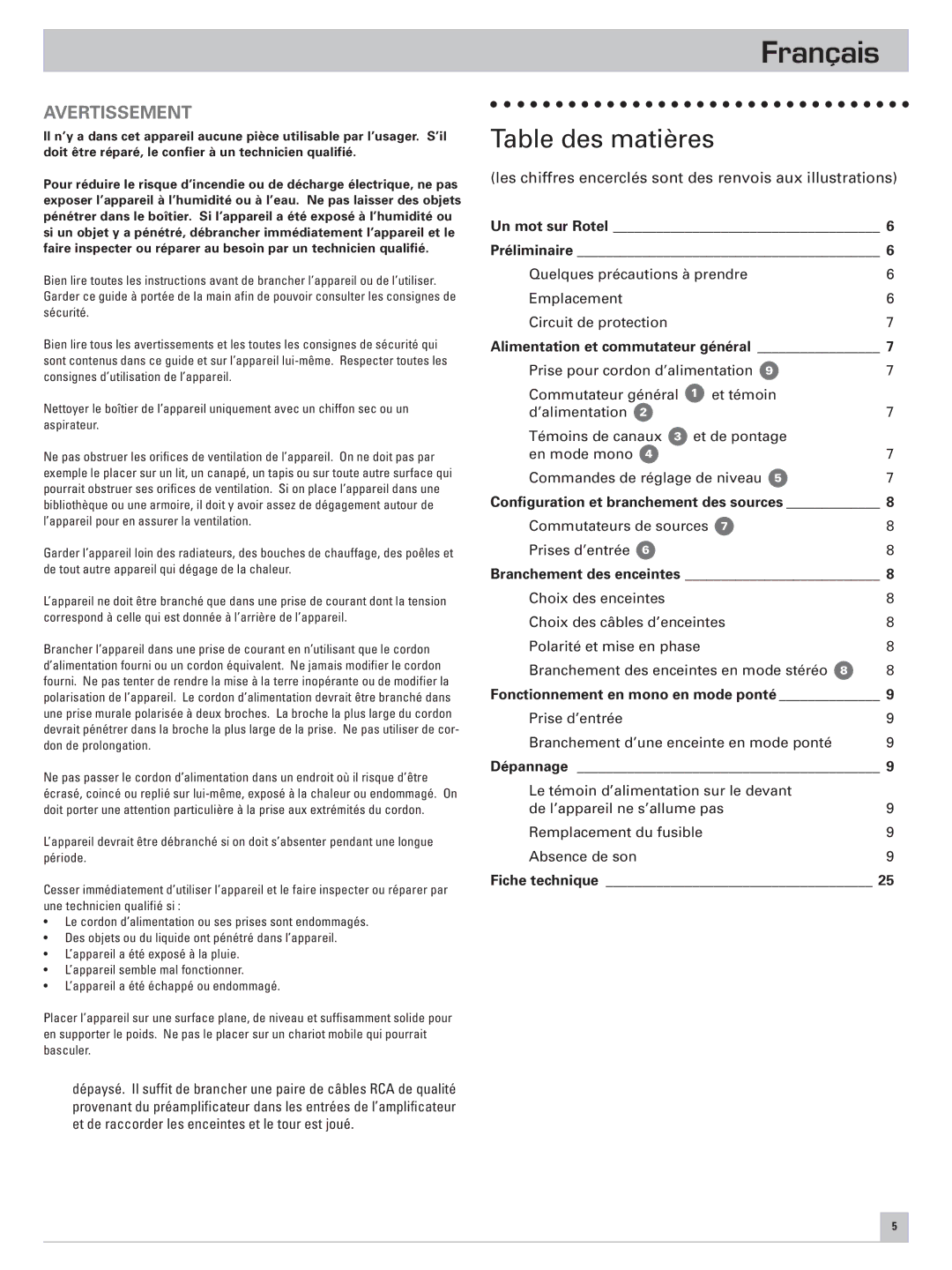 Rotel RB-976 owner manual Français, Table des matières 