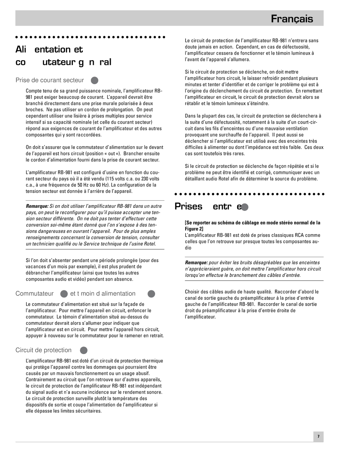 Rotel RB-981 Alimentation et commutateur général, Prises d’entrée, Prise de courant secteur, Circuit de protection 