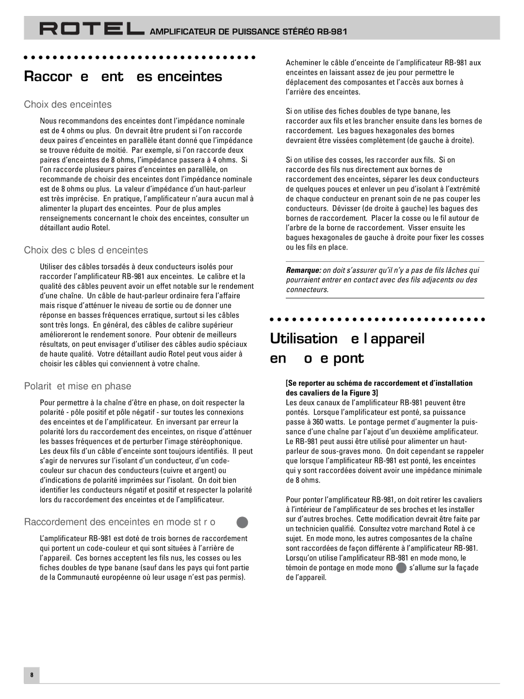 Rotel RB-981 owner manual Raccordement des enceintes, Utilisation de l’appareil en mode ponté 