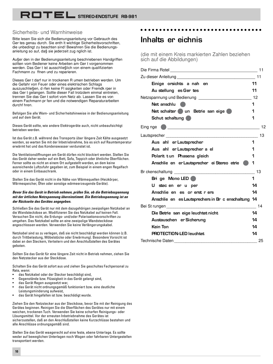 Rotel RB-981 owner manual Inhaltsverzeichnis, Sicherheits- und Warnhinweise 