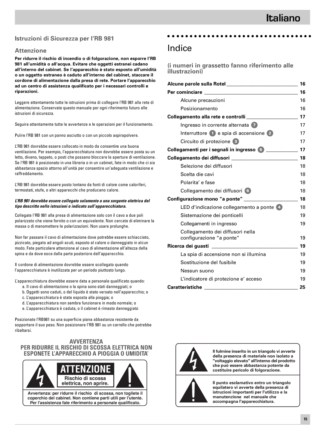 Rotel RB-981 owner manual Italiano, Indice, Istruzioni di Sicurezza per l’RB Attenzione 