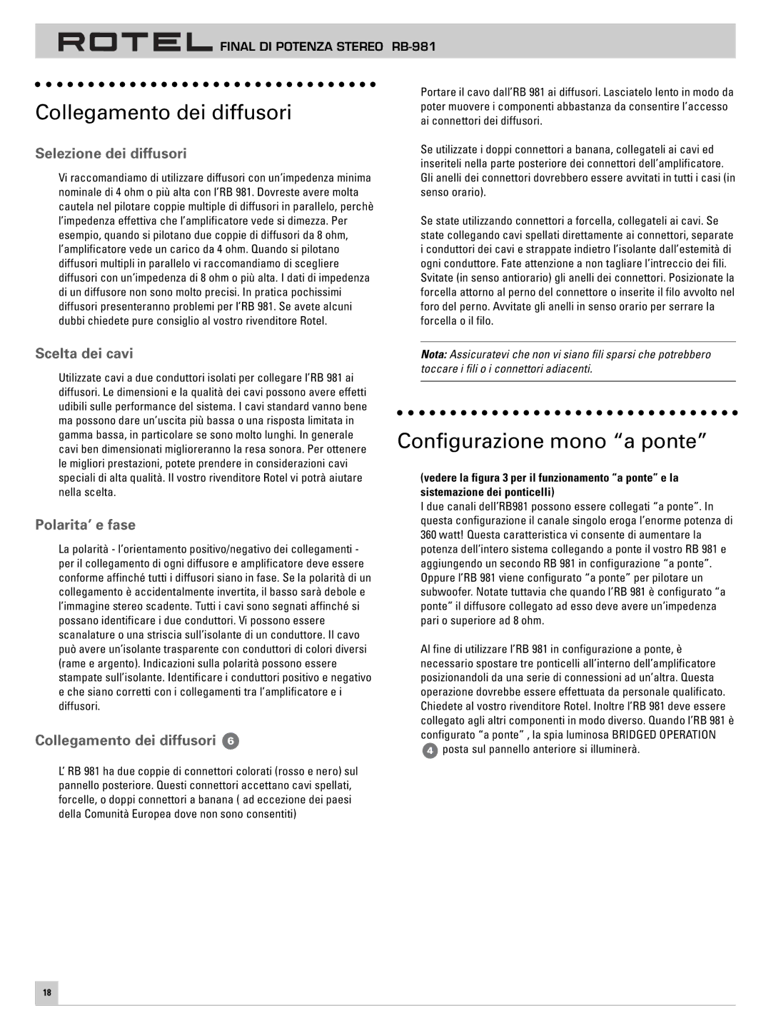 Rotel RB-981 owner manual Collegamento dei diffusori, Configurazione mono a ponte 