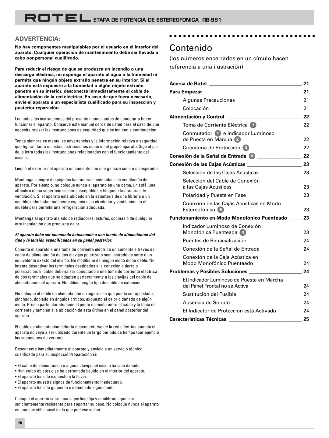 Rotel RB-981 owner manual Contenido 