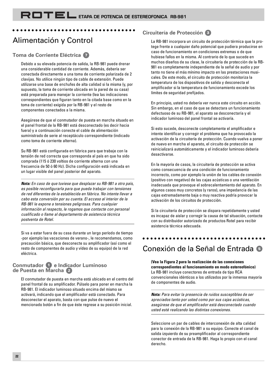 Rotel RB-981 owner manual Alimentación y Control, Conexión de la Señal de Entrada, Toma de Corriente Eléctrica 