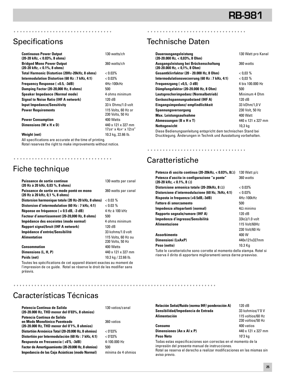 Rotel RB-981 owner manual Specifications, Technische Daten, Fiche technique, Caratteristiche, Características Técnicas 