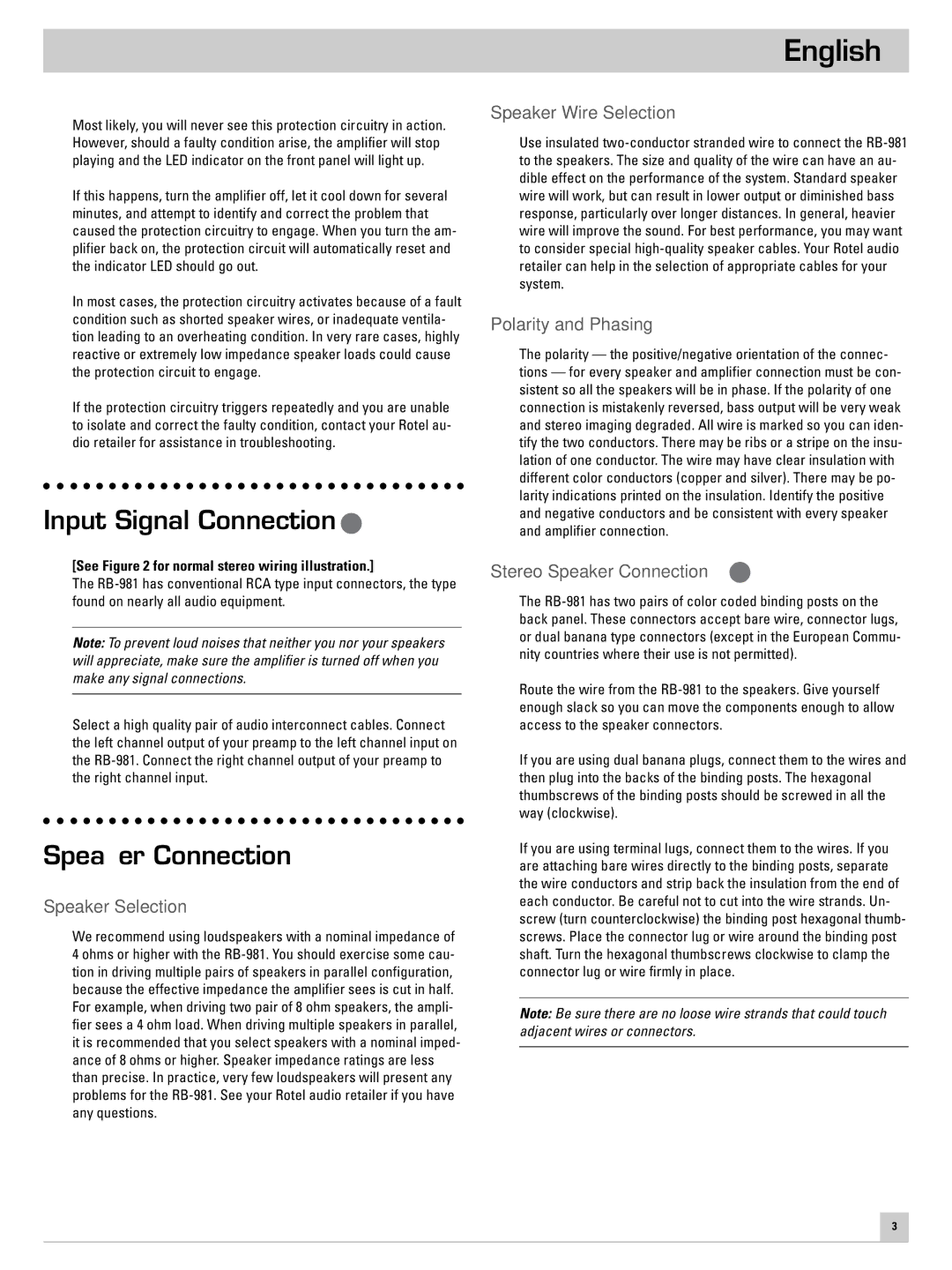 Rotel RB-981 owner manual Input Signal Connection, Speaker Connection 