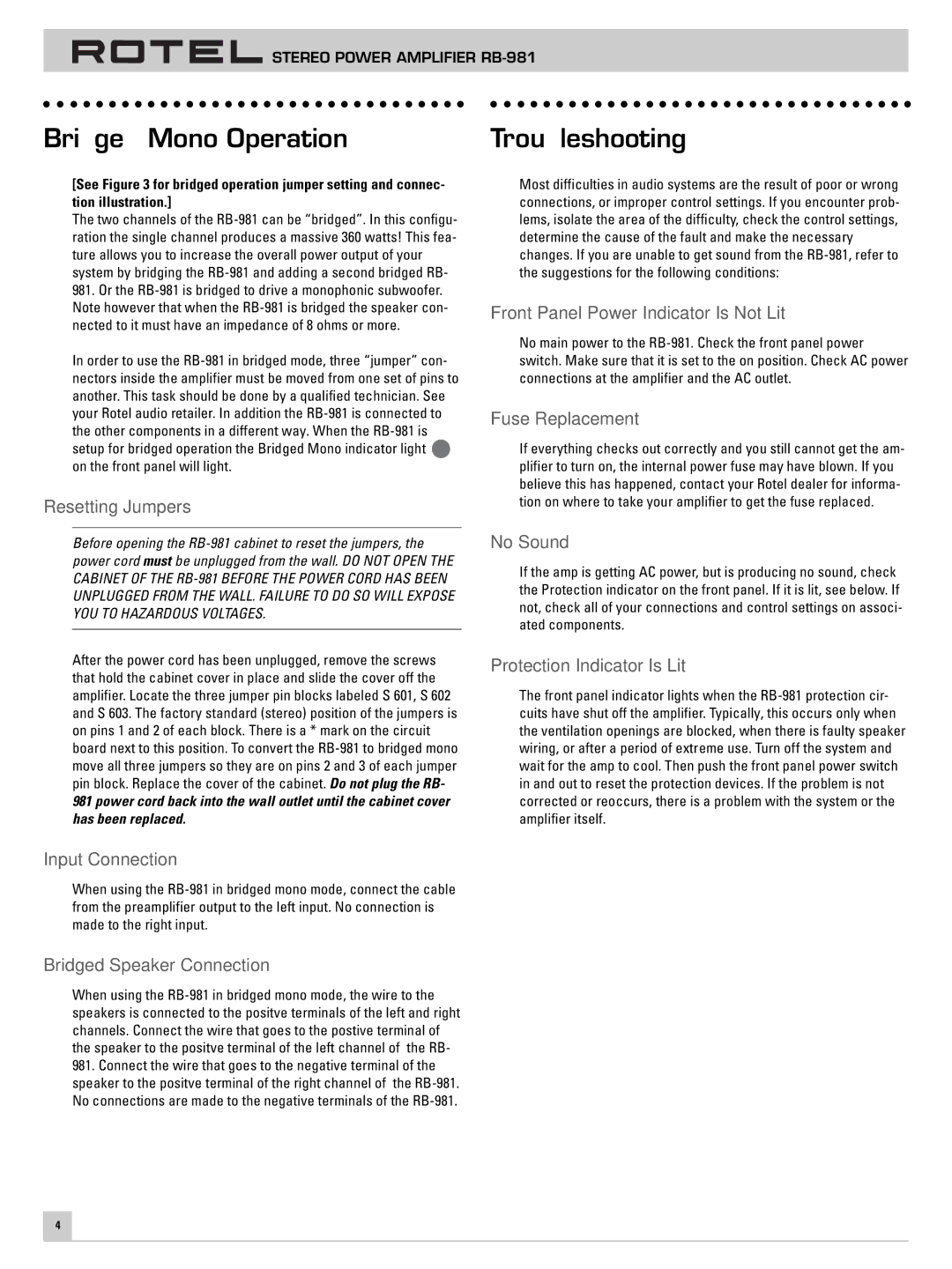 Rotel RB-981 owner manual Bridged Mono Operation, Troubleshooting 