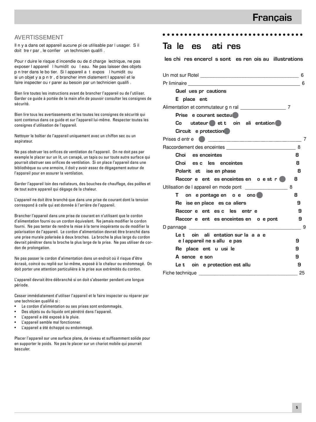 Rotel RB-981 owner manual Français, Table des matières 