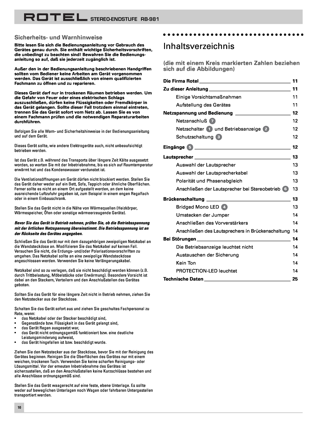 Rotel RB-981 owner manual Inhaltsverzeichnis, Sicherheits- und Warnhinweise 
