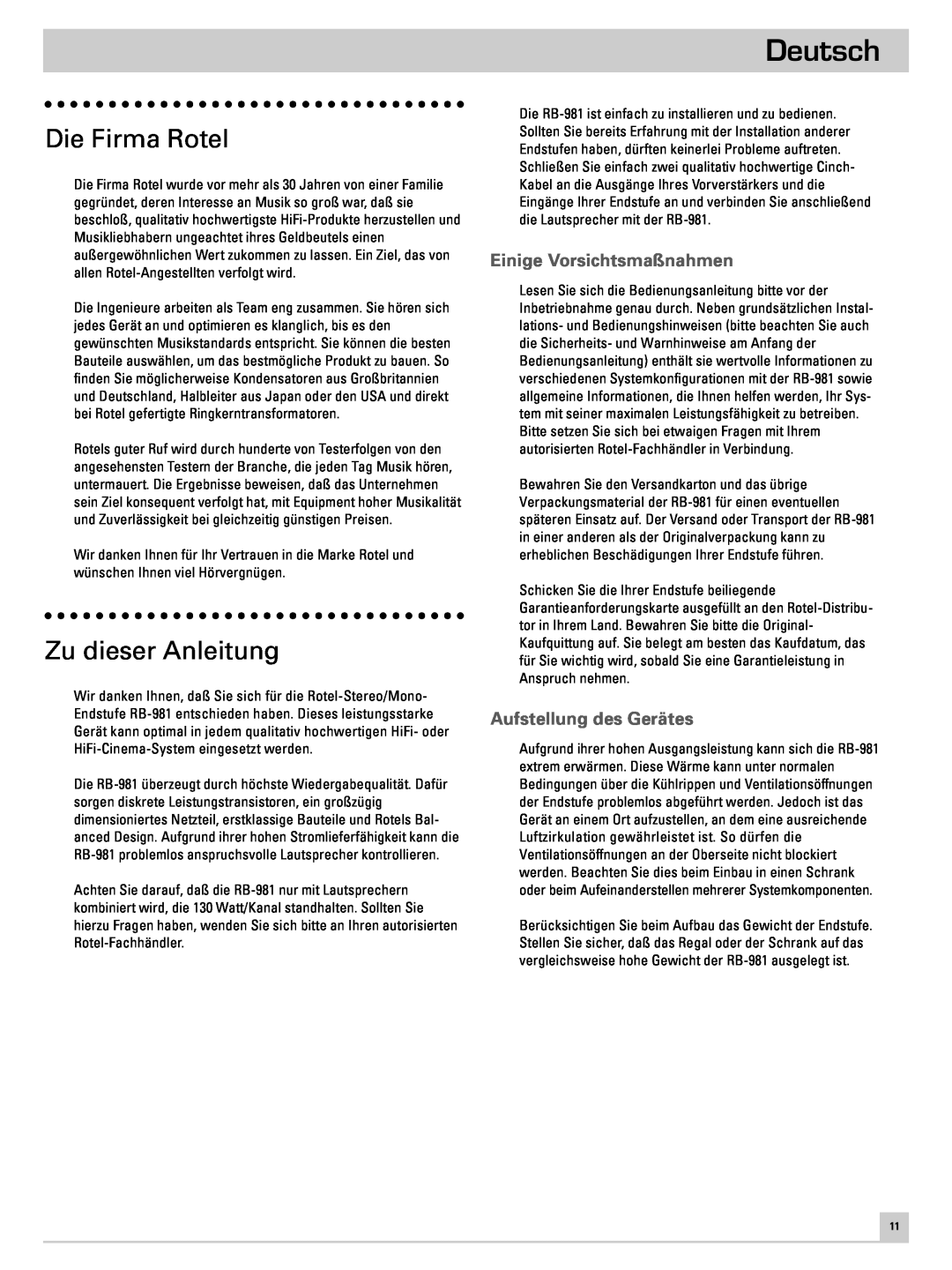 Rotel RB-981 owner manual Deutsch, Die Firma Rotel, Zu dieser Anleitung, Einige Vorsichtsmaßnahmen, Aufstellung des Gerätes 