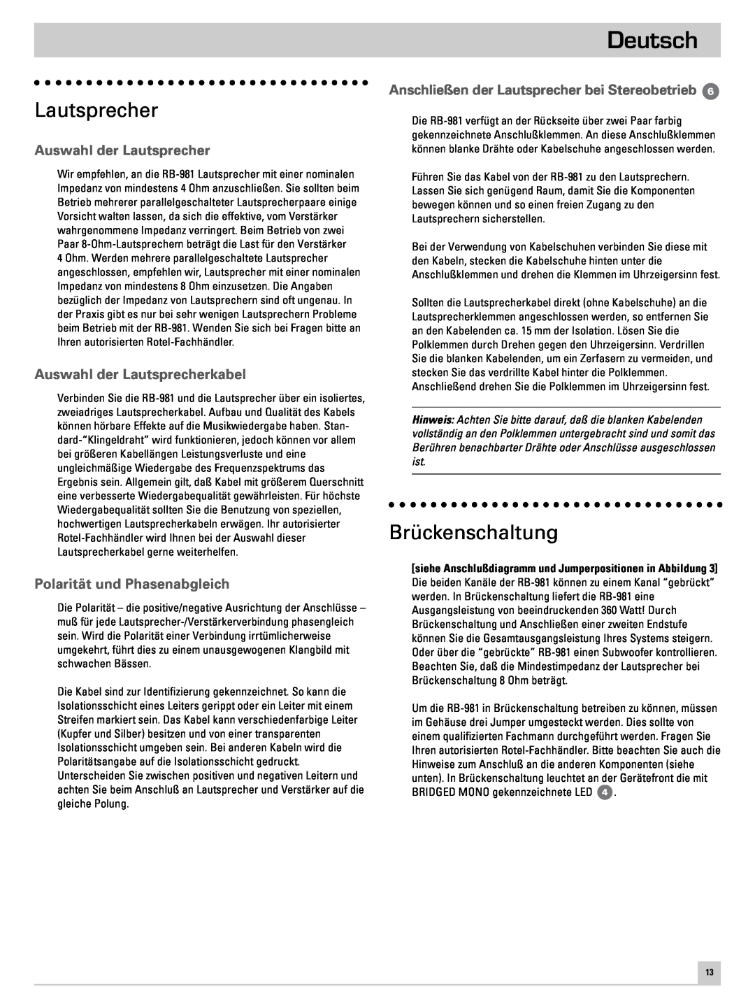 Rotel RB-981 owner manual Brückenschaltung, Auswahl der Lautsprecherkabel, Polarität und Phasenabgleich, Deutsch 