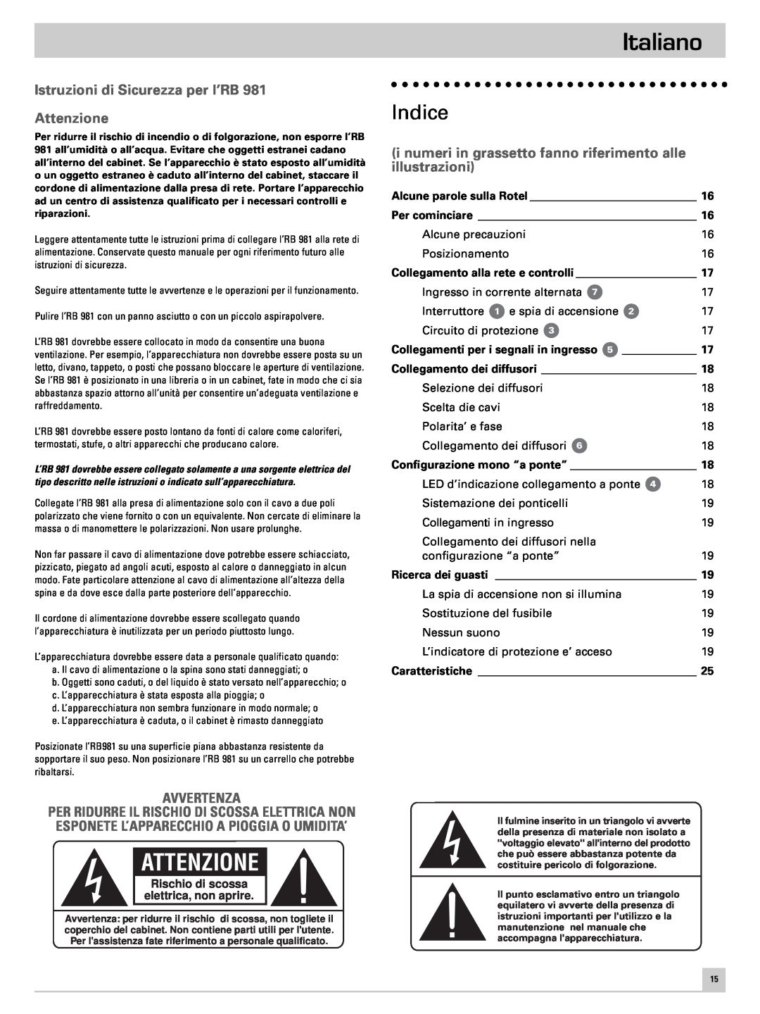 Rotel RB-981 owner manual Italiano, Indice, Istruzioni di Sicurezza per l’RB Attenzione, Avvertenza 