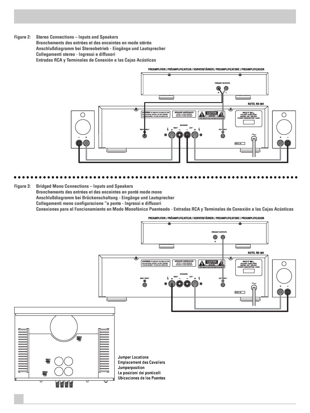 Rotel RB-981 owner manual Stereo Connections - Inputs and Speakers 