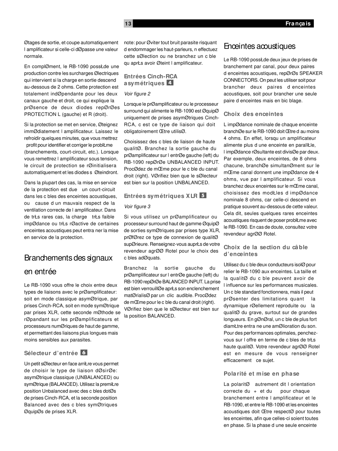 Rotel RB1090 owner manual Branchements des signaux en entrée 