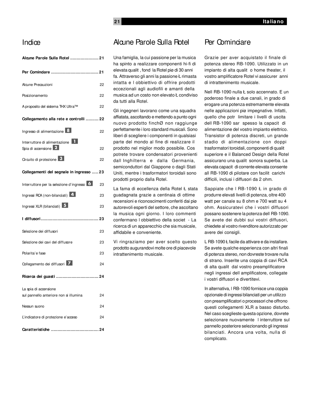 Rotel RB1090 owner manual Per Cominciare 