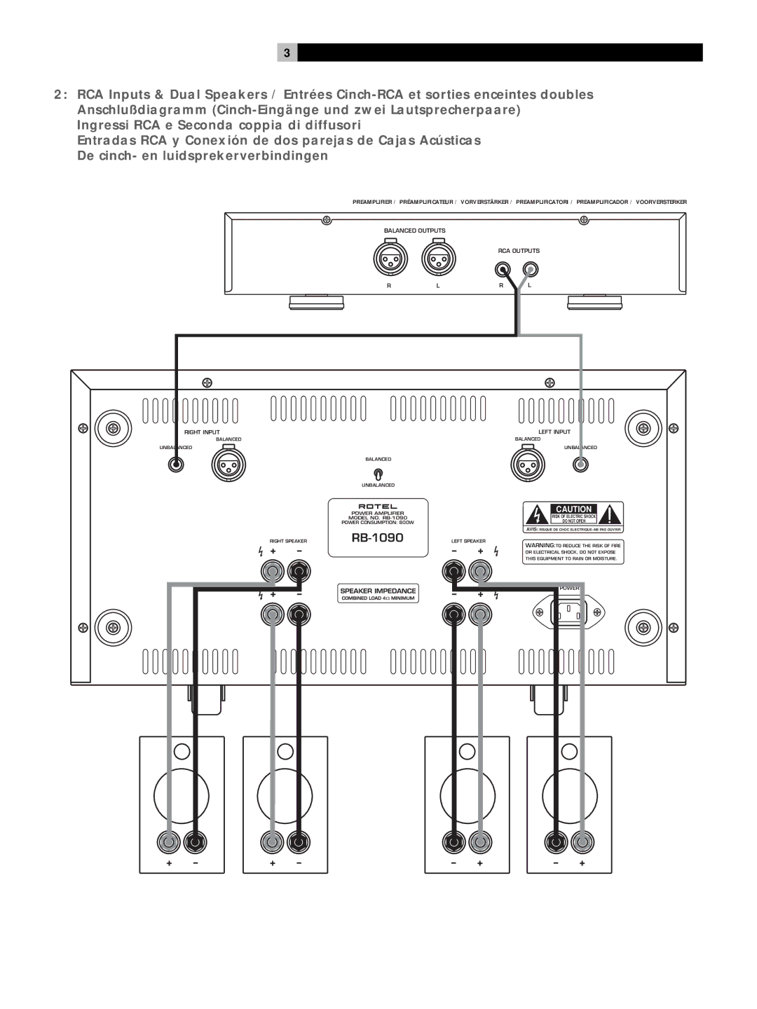 Rotel RB1090 owner manual Balanced Outputs RCA Outputs RLR L Right Input 