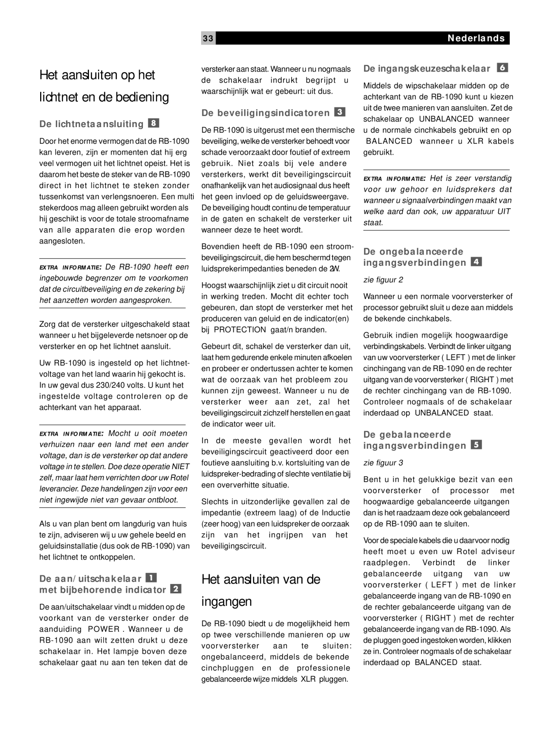 Rotel RB1090 De lichtnetaansluiting, De aan/uitschakelaar met bijbehorende indicator, De beveiligingsindicatoren 