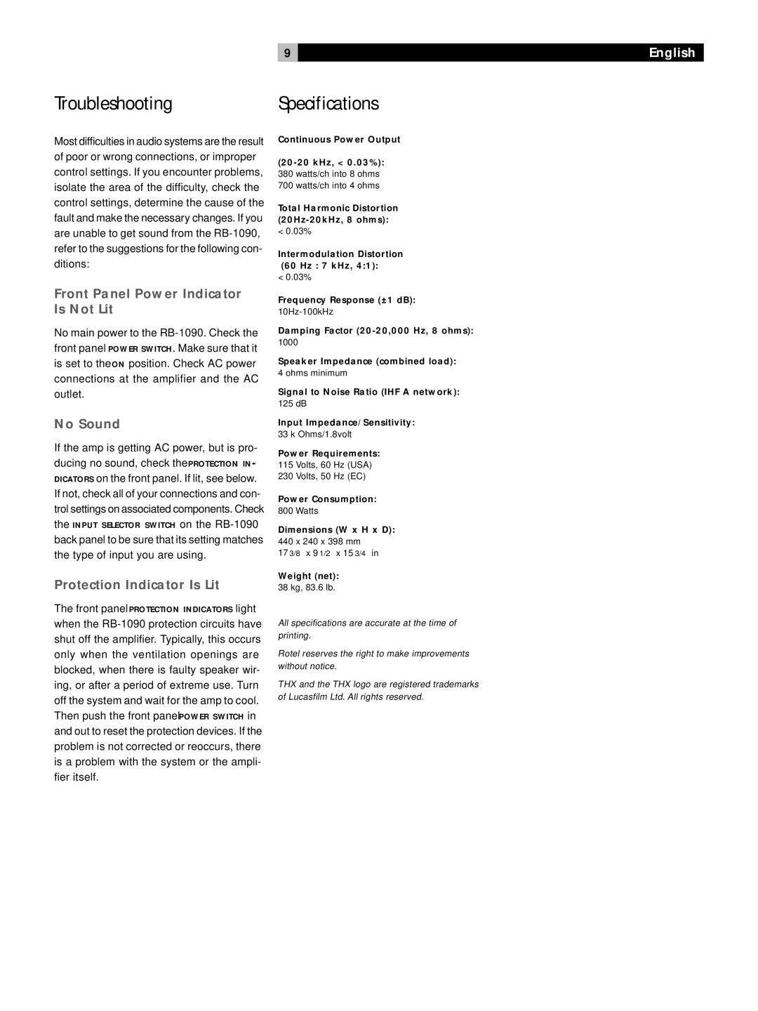 Rotel RB1090 owner manual Troubleshooting, Specifications, Front Panel Power Indicator Is Not Lit, No Sound 