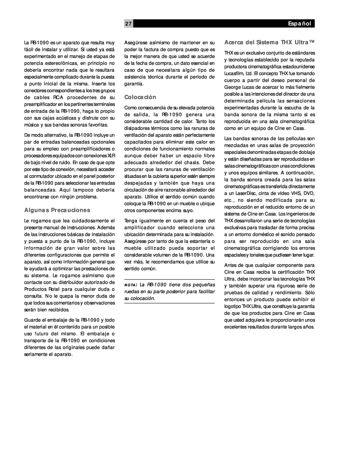 Rotel RB1090 owner manual Algunas Precauciones, Colocación, Acerca del Sistema THX Ultra, Español 