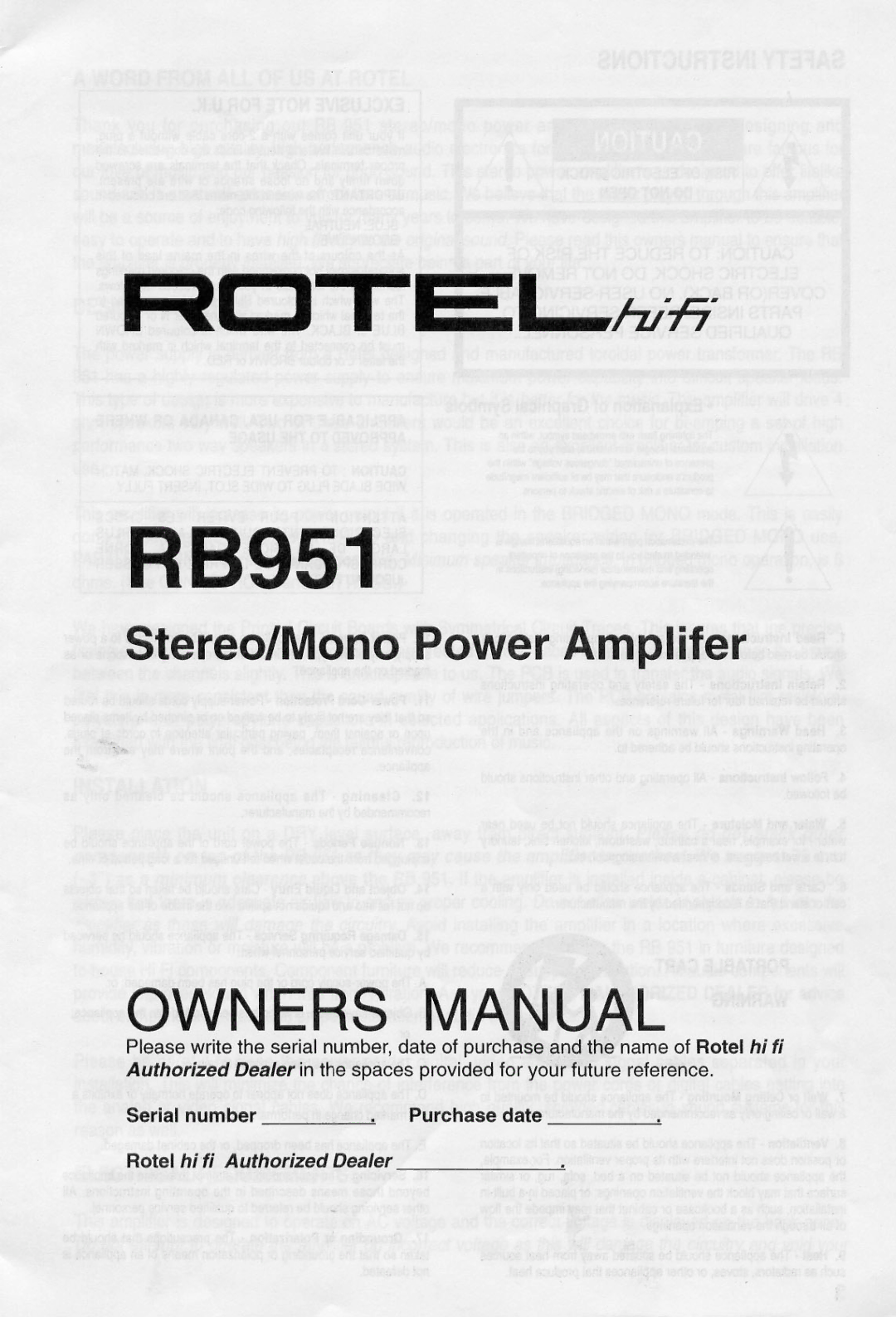 Rotel RB951 manual 