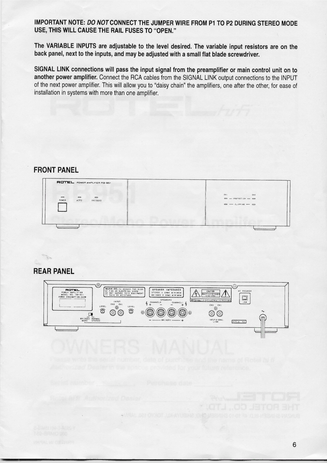 Rotel RB951 manual 