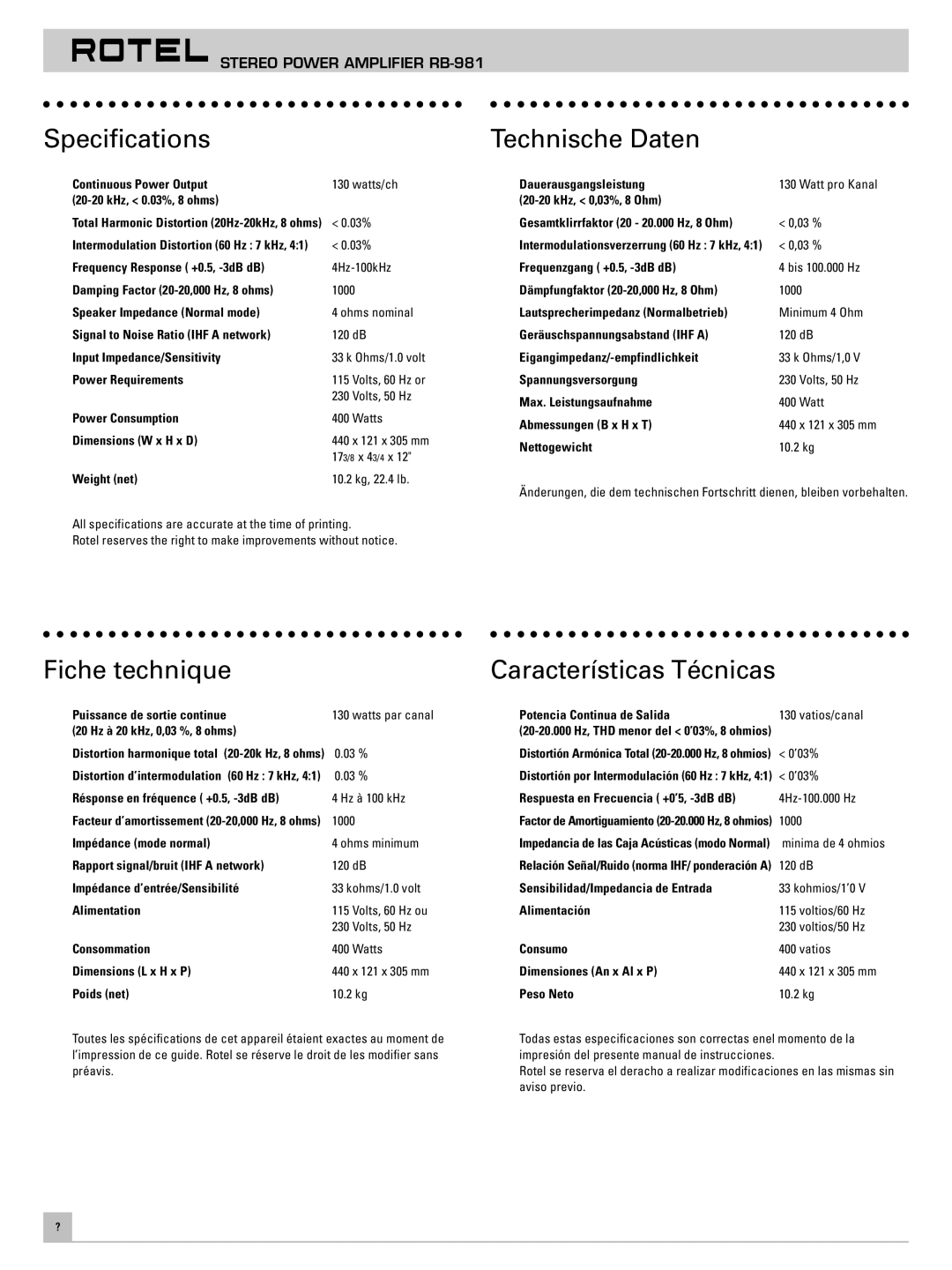 Rotel RB981 owner manual Specifications, Technische Daten, Fiche technique Características Técnicas 