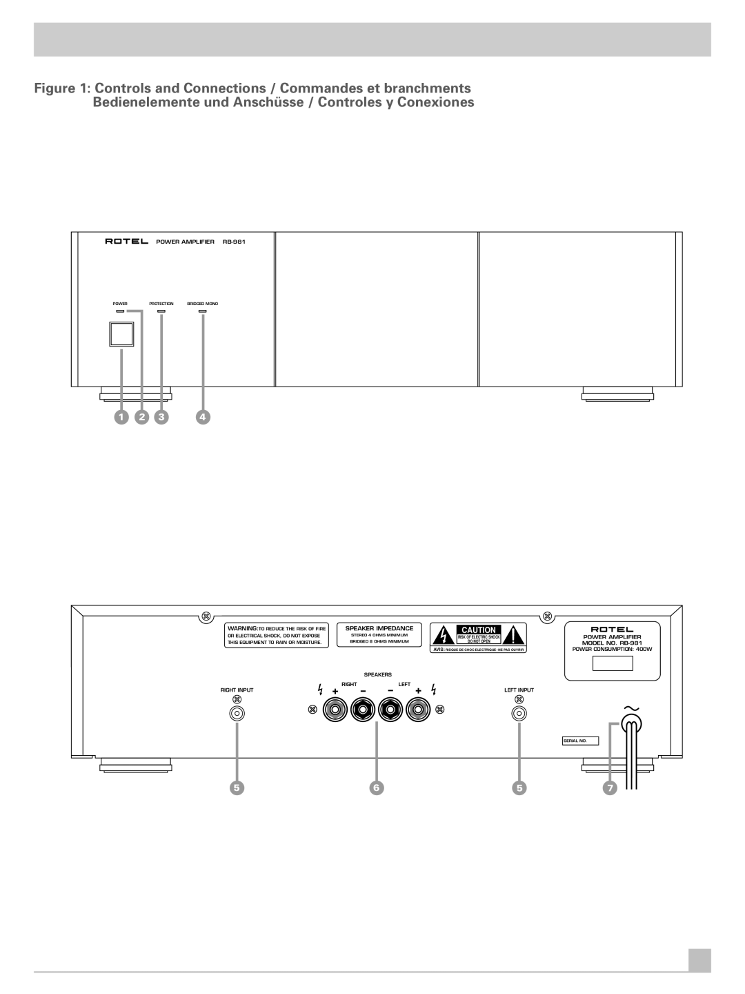 Rotel RB981 owner manual Speaker Impedance 