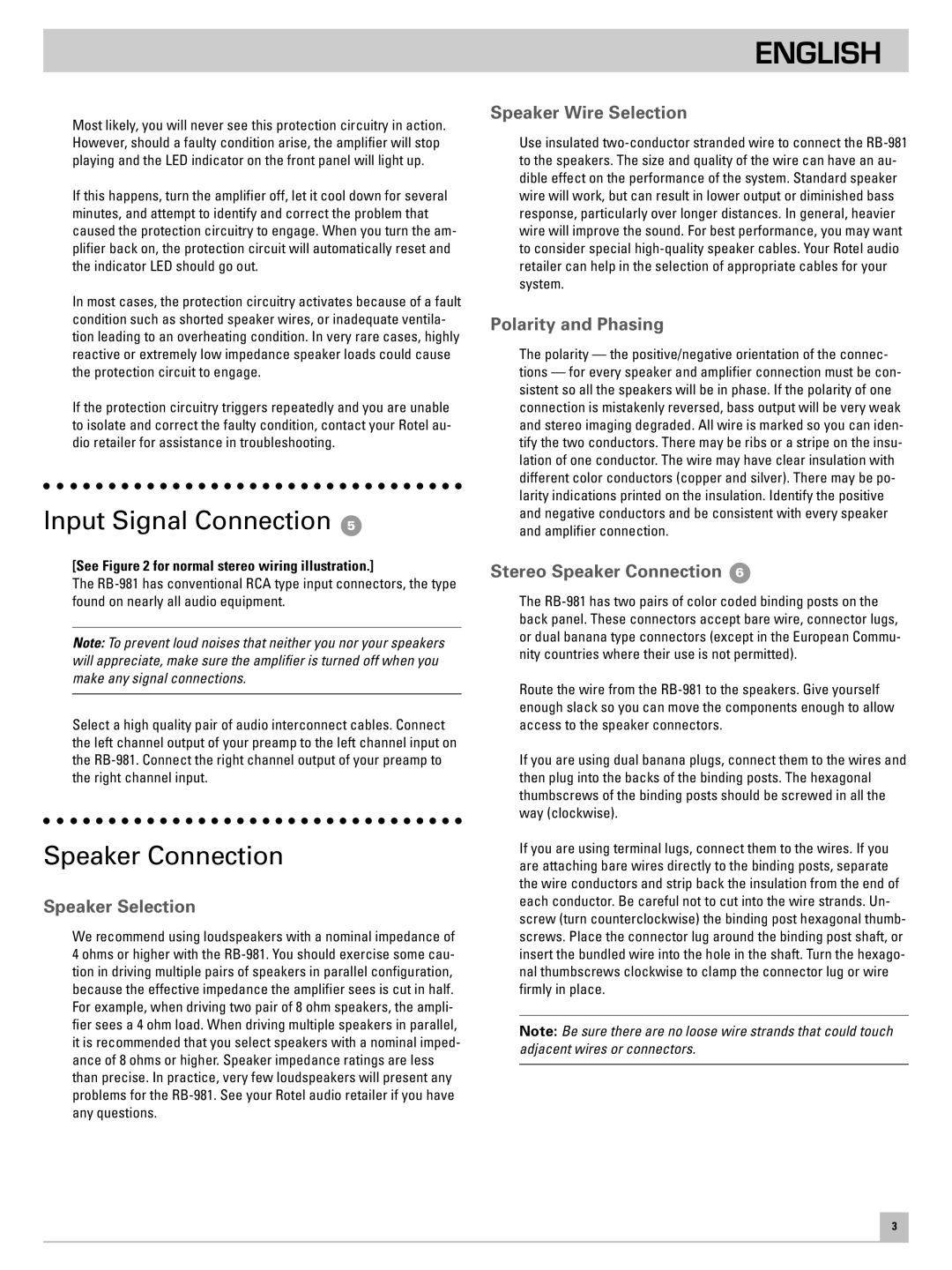 Rotel RB981 owner manual Input Signal Connection, Speaker Connection 