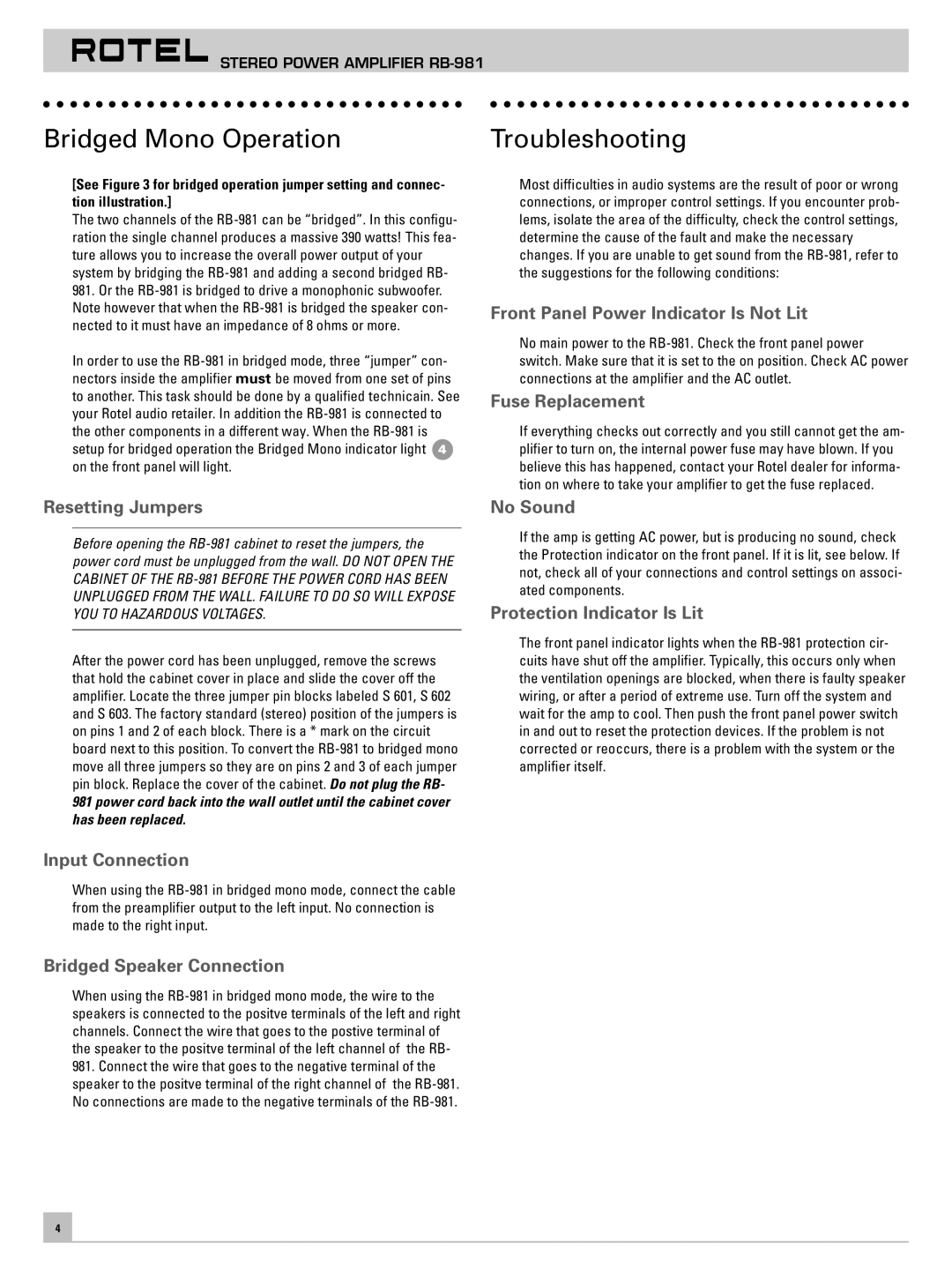 Rotel RB981 owner manual Bridged Mono Operation Troubleshooting 