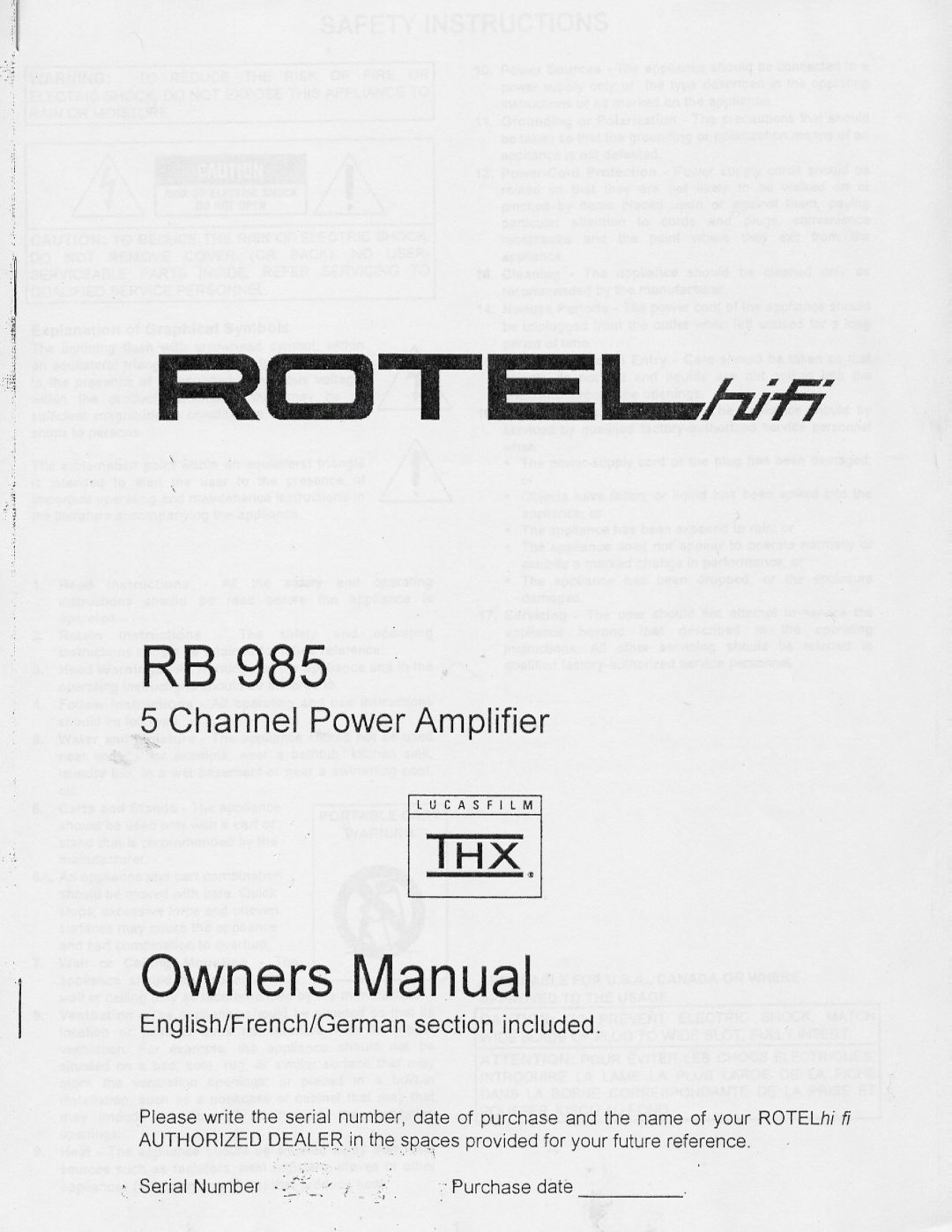 Rotel RB985 manual 