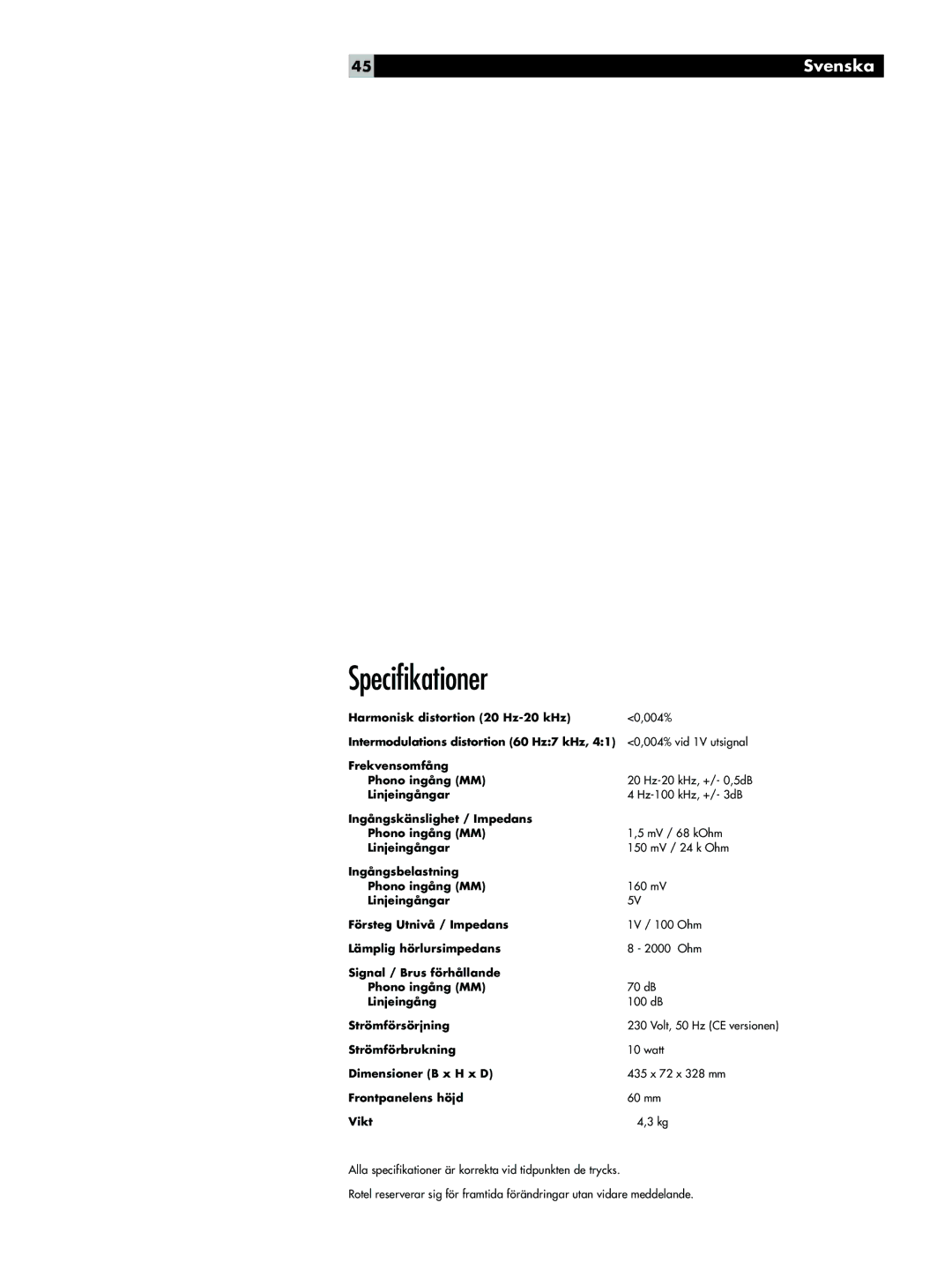 Rotel RC-03 owner manual Specifikationer 