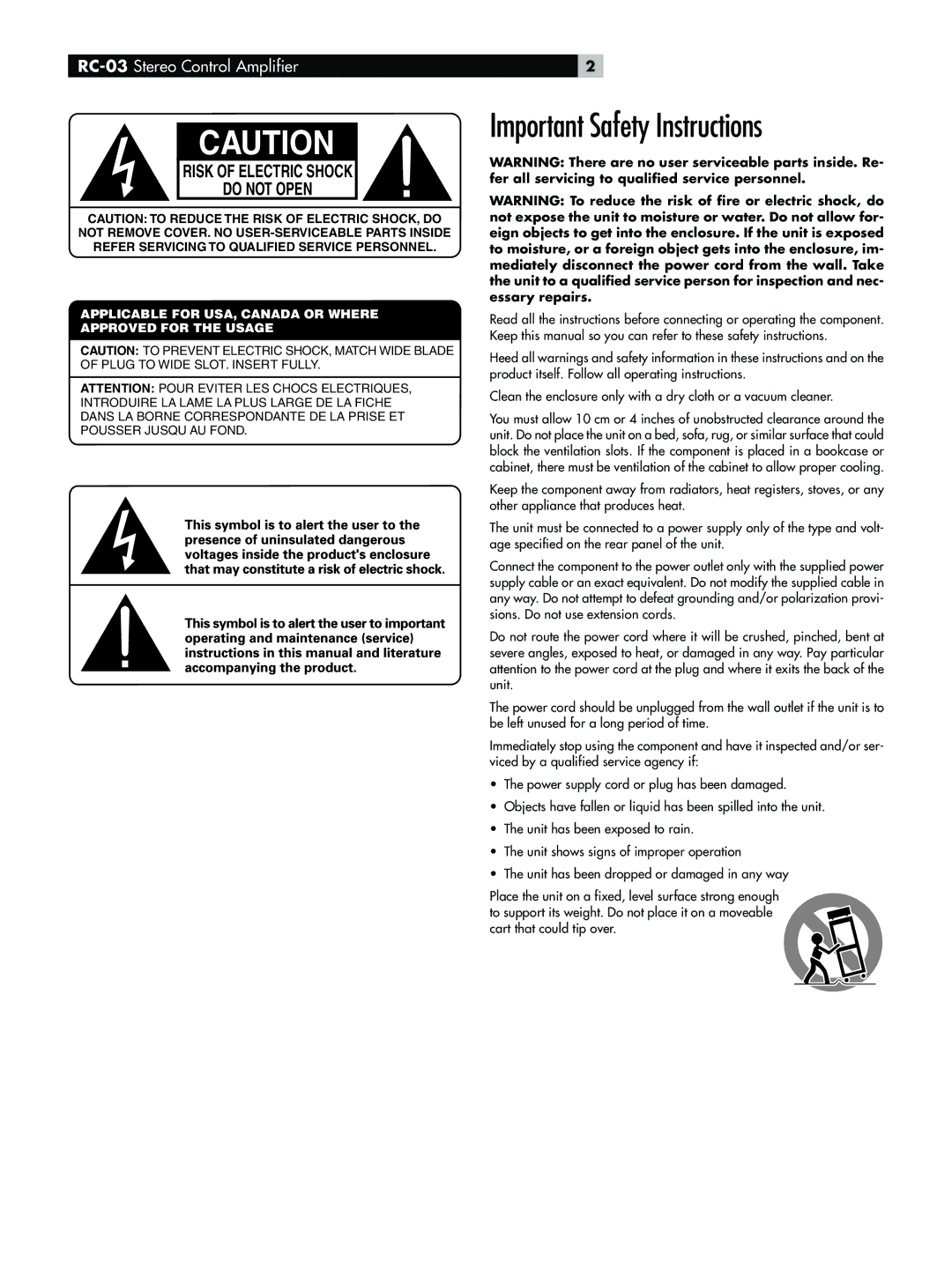 Rotel RC-03 owner manual Important Safety Instructions 