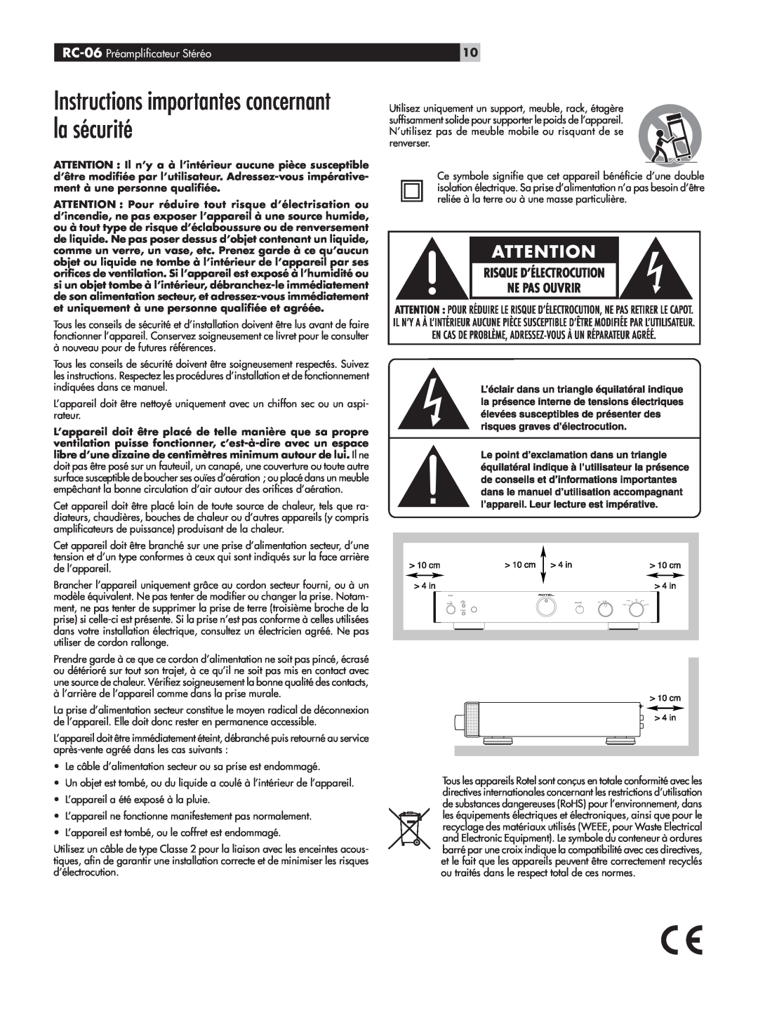 Rotel owner manual Instructions importantes concernant la sécurité, RC-06 Préampliﬁcateur Stéréo 