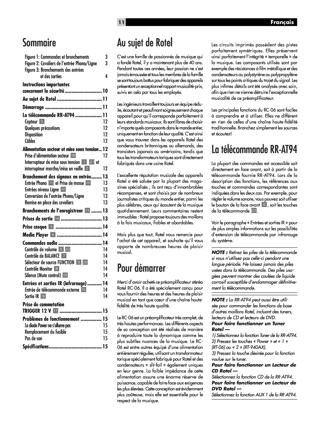 Rotel RC-06 owner manual Sommaire, Au sujet de Rotel, Pour démarrer, La télécommande RR-AT94, Français 