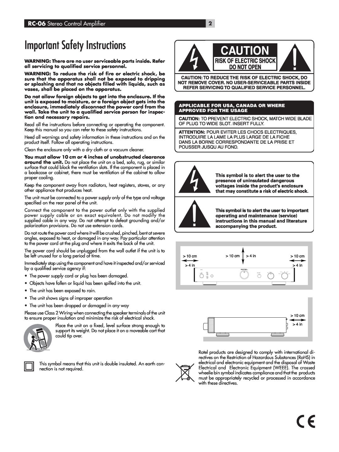 Rotel owner manual Important Safety Instructions, RC-06 Stereo Control Amplifier 
