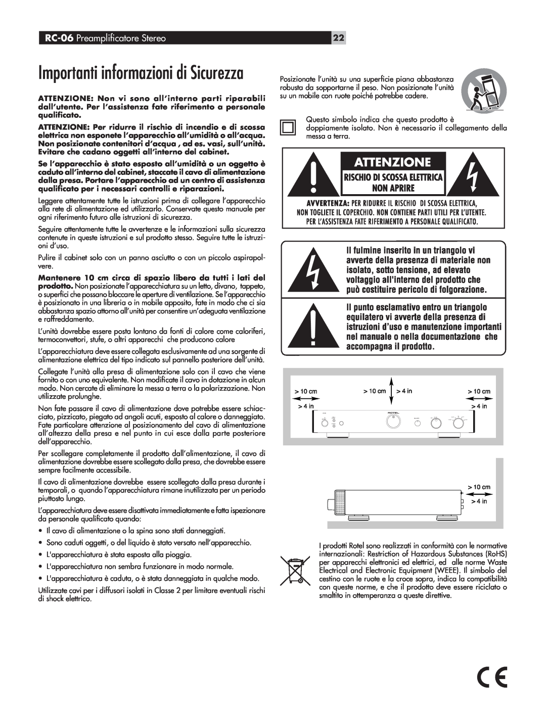 Rotel owner manual Importanti informazioni di Sicurezza, RC-06 Preampliﬁcatore Stereo 