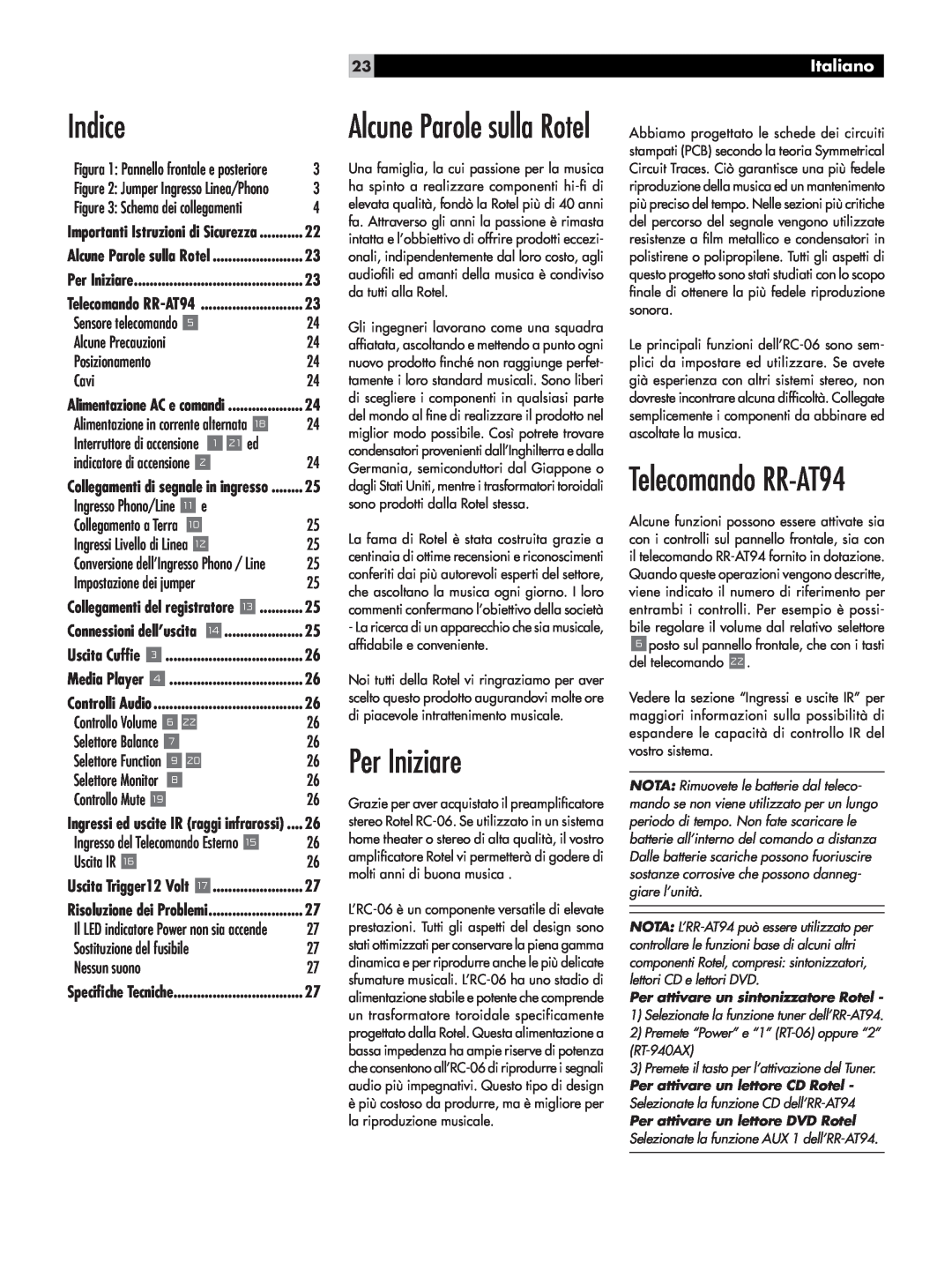 Rotel RC-06 owner manual Indice, Per Iniziare, Telecomando RR-AT94, Alcune Parole sulla Rotel, Italiano 