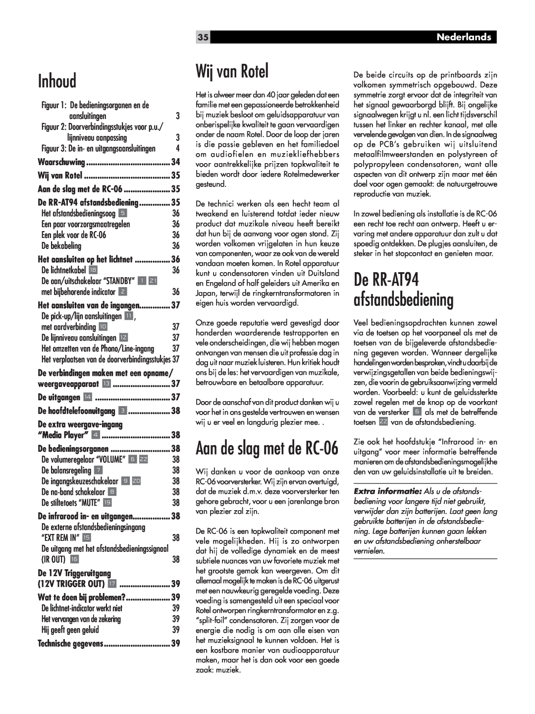 Rotel owner manual Inhoud, Wij van Rotel, Aan de slag met de RC-06, De RR-AT94afstandsbediening, Nederlands 