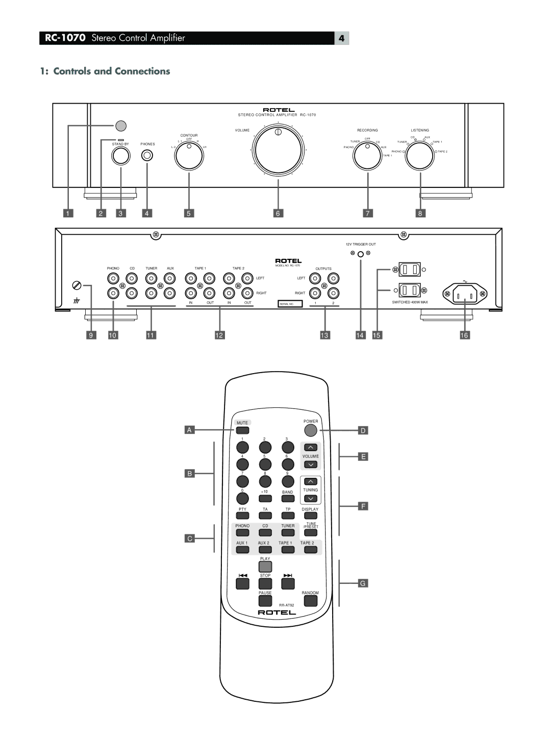 Rotel owner manual RC-1070Stereo Control Amplifier, Controls and Connections 