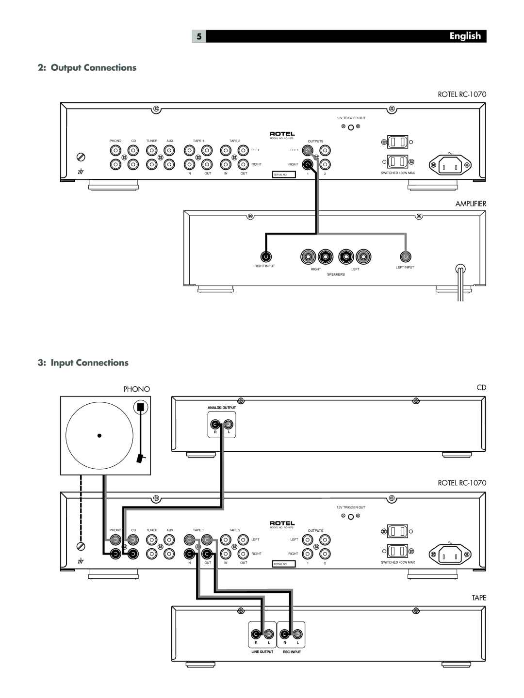 Rotel RC-1070 owner manual Output Connections, Input Connections 