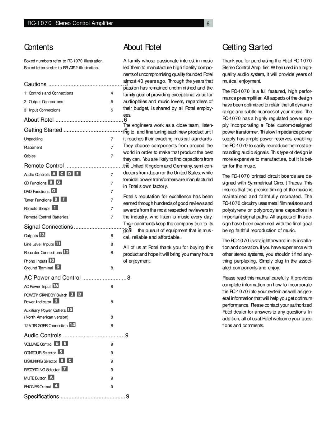 Rotel RC-1070 owner manual Contents, About Rotel, Getting Started 