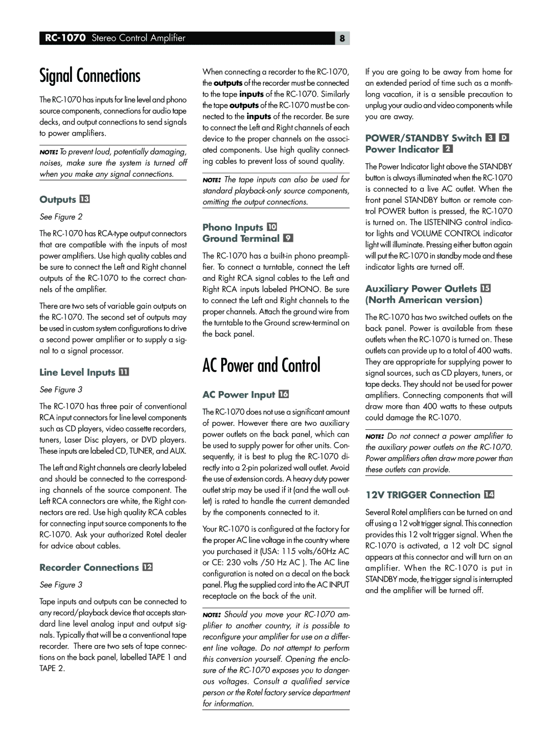 Rotel RC-1070 owner manual Outputs, Line Level Inputs, Recorder Connections, Phono Inputs Ground Terminal, AC Power Input 