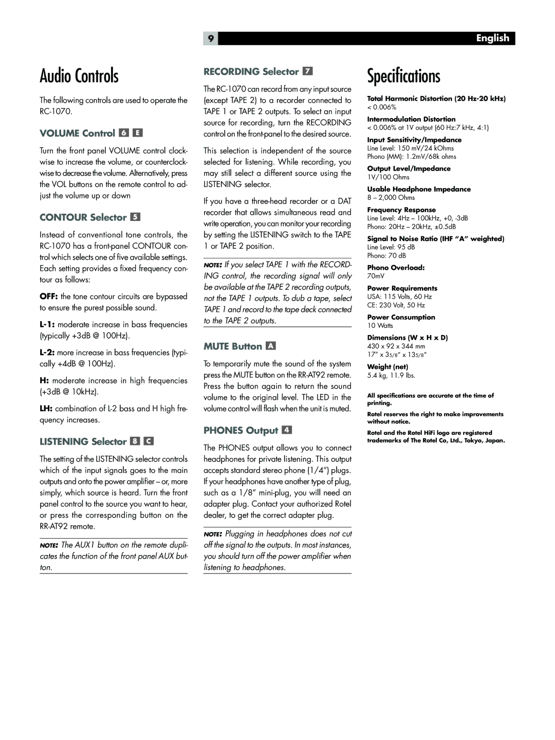 Rotel RC-1070 owner manual Audio Controls, Specifications 