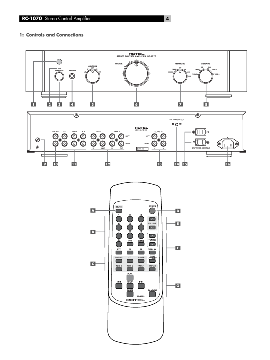 Rotel owner manual RC-1070 Stereo Control Amplifier, Controls and Connections, A B C, D E F G 
