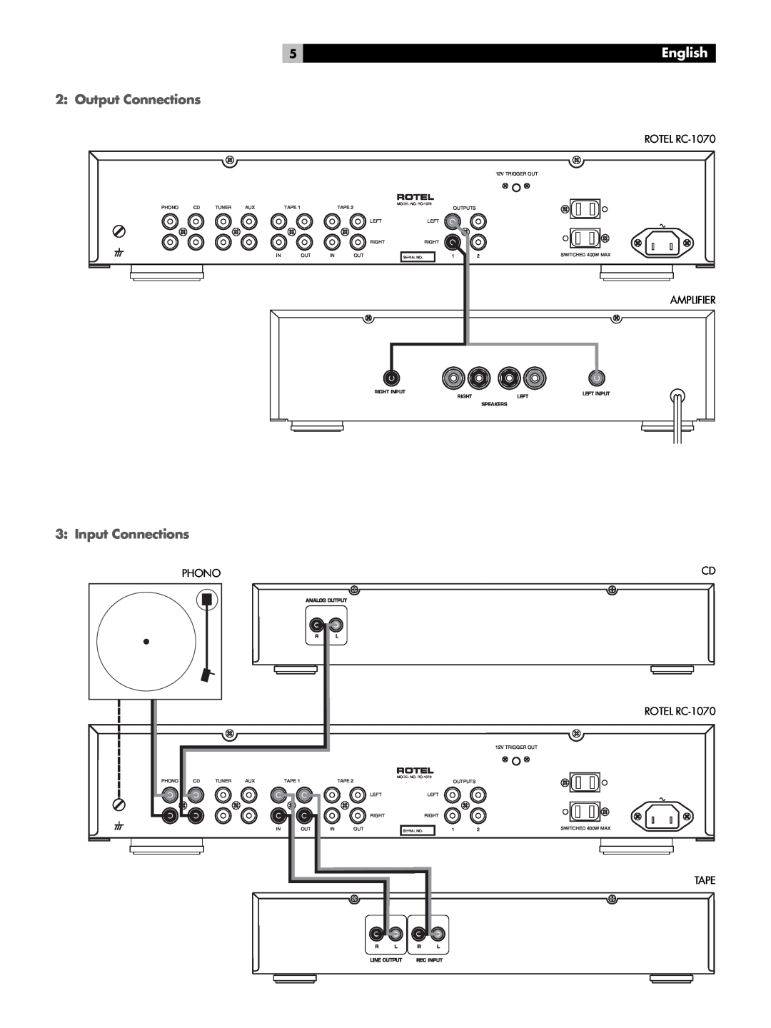 Rotel owner manual Output Connections, Input Connections, English, ROTEL RC-1070, Amplifier, Phono, Tape 